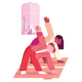 Illustration of junior associates doing yoga on file folders.
