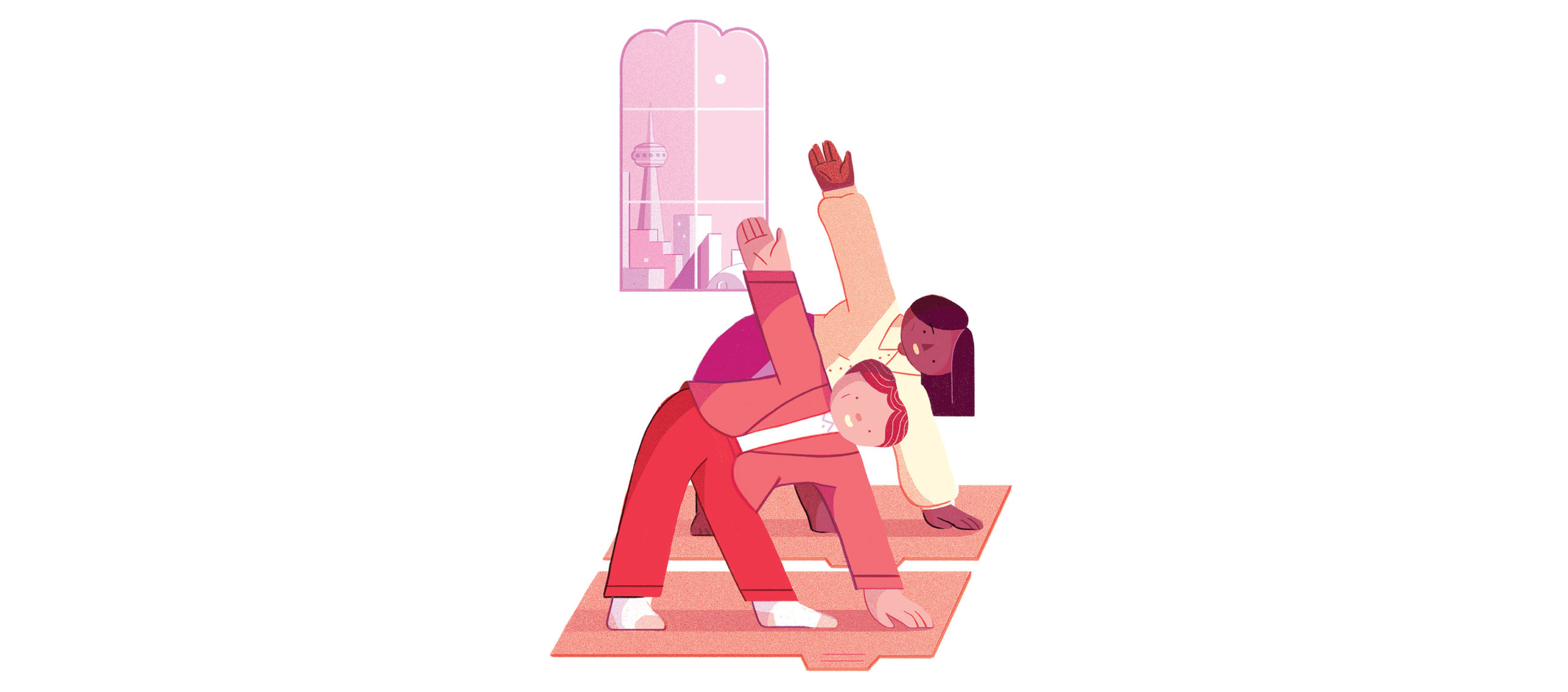 Illustration of junior associates doing yoga on file folders.