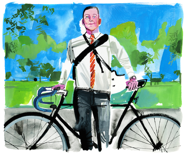 Illustration of David Shellutt standing with bicycle