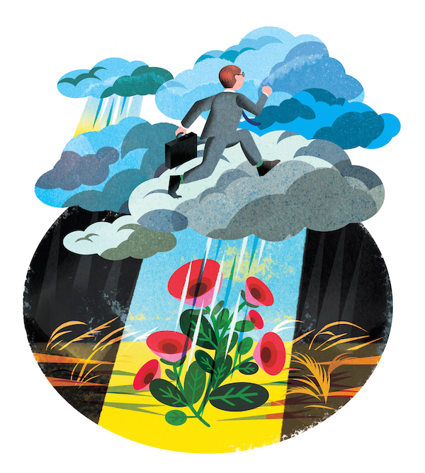 Illustration of a suited man running on rain clouds