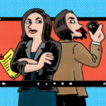 Illustration of two lawyers within a computer screen standing back to back