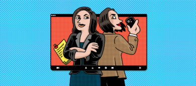 Illustration of two lawyers within a computer screen standing back to back