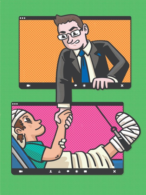 Illustration of a lawyer reaching through the computer screen to shake hands with someone in a hospital bed
