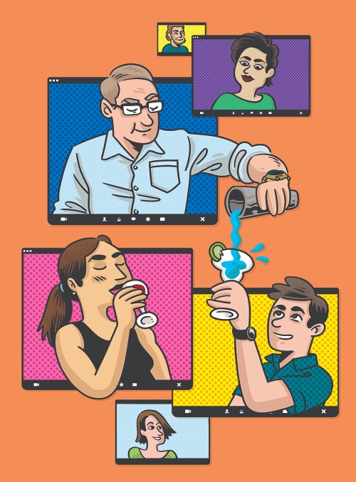 Illustration of lawyers in different computer screens having after work virtual drinks
