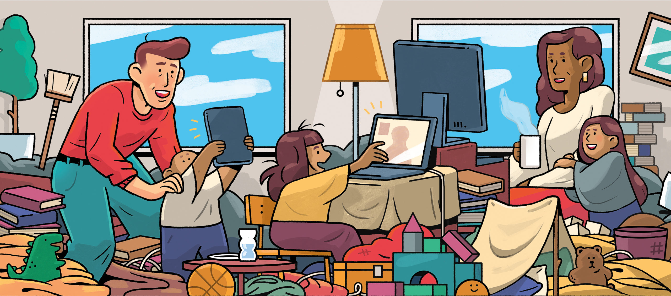 Illustration of parents and their children using computers and tablets