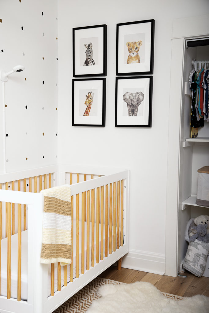 An image of Larissa & Brad Vermeersch's nursery for their son Teddy, featuring animal art from South Africa