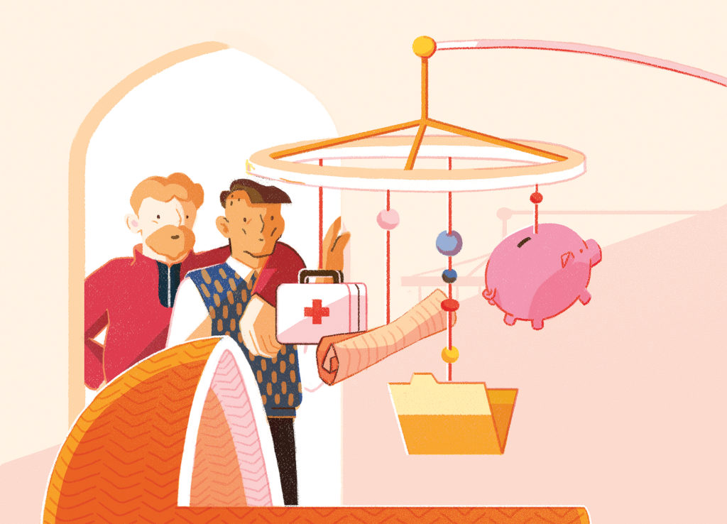 Illustration of two lawyers looking at their baby's bassinet with a mobile hanging above it that has a file folder, piggy bank, papers and medical kit hanging from it