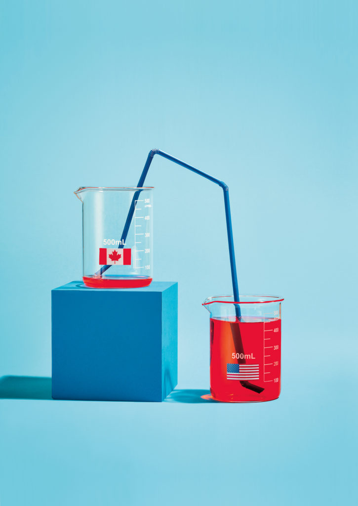 An image of two 500 ml beakers. One beaker with the Canadian flag on it is on a platform above the beaker with the American flag. A straw runs between the two beakers, with the Canadian flag beaker having almost no red liquid left, and the American flag beaker is almost full to the top with red liquid.