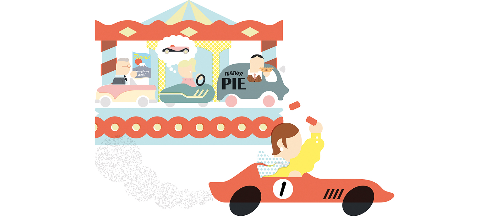 Illustration of a lawyer escaping in a sports car, behind them on a merry go round are other lawyers daydreaming about escaping their current jobs