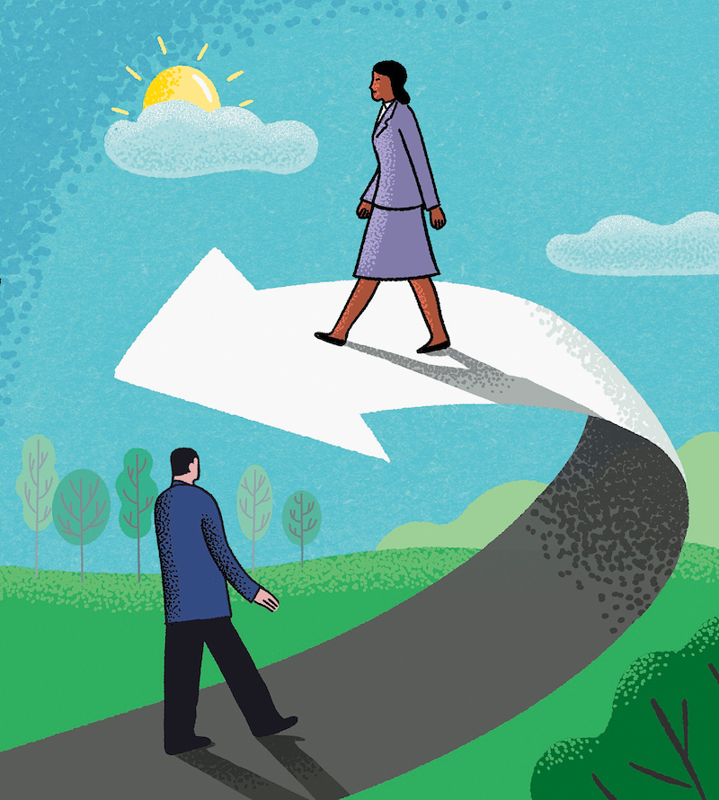 Illustration of two lawyers walking on a curved arrow. The lawyer at the bottom is in shadow while the lawyer walking on the top of the arrow is in the light walking toward a sunny sky