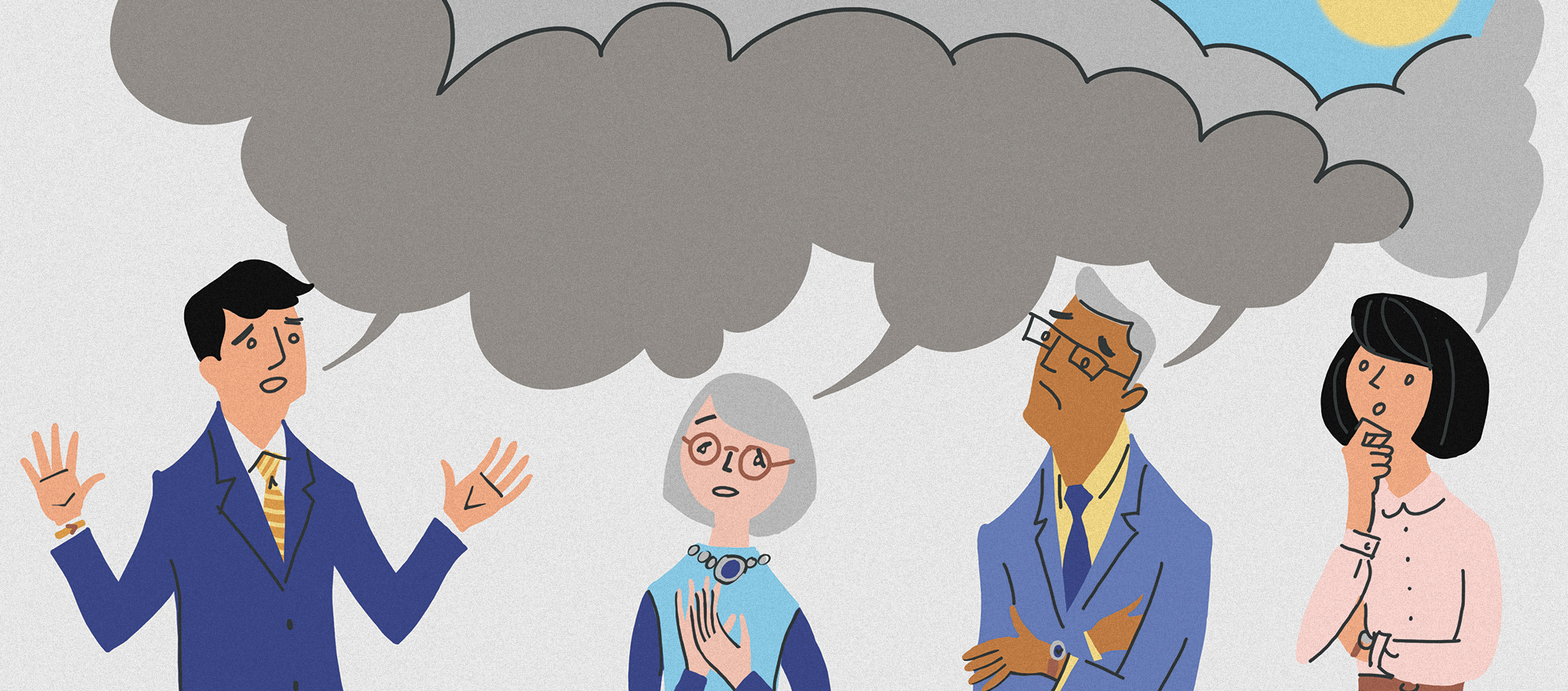 Illustration of a group of coworkers talking with dark cloud speech bubbles above them