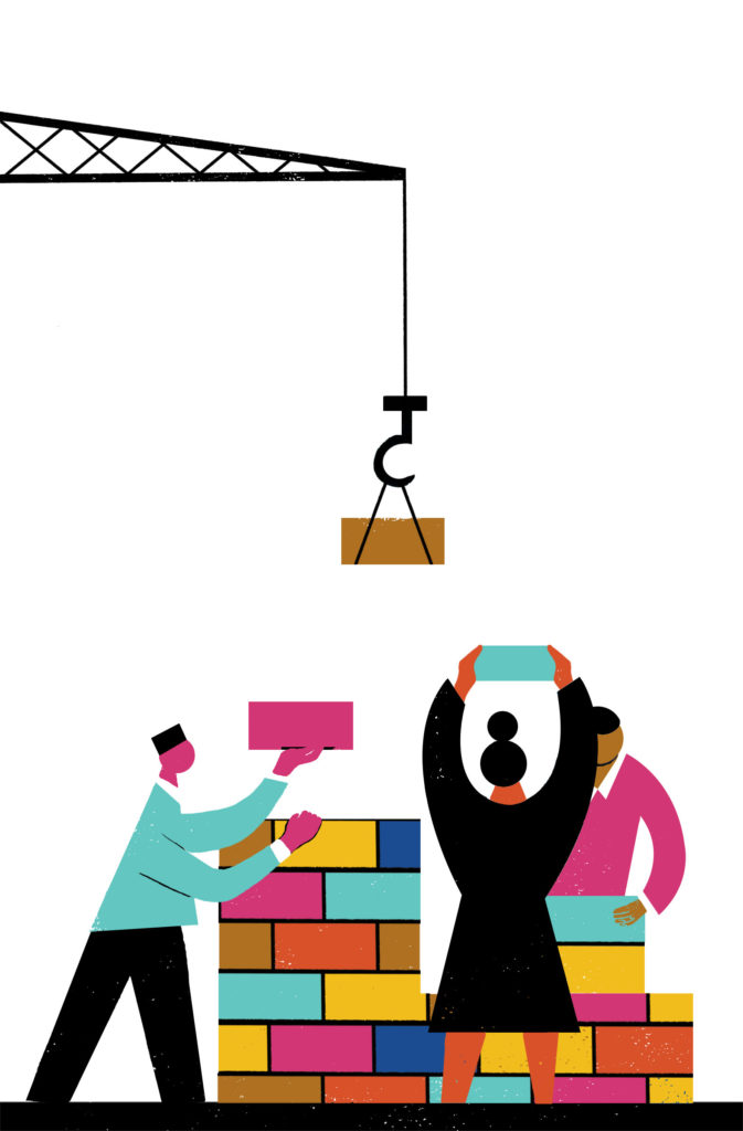 Illustration of a group of people building a secure structure out of blocks from the ground up with the help of a crane lowering a block toward them