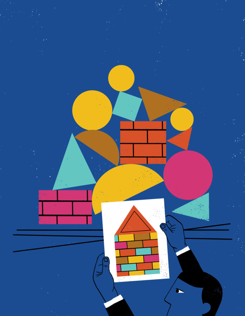 Illustration of a person holding up a blueprint or plan of a house structure built out of blocks in front of a wall of blocks that do not resemble the blueprint
