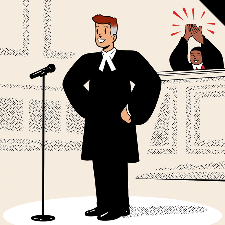 Illustration of a lawyer in court, standing in front of a microphone on a stand with a judge smiling and clapping their hands over their head in the background