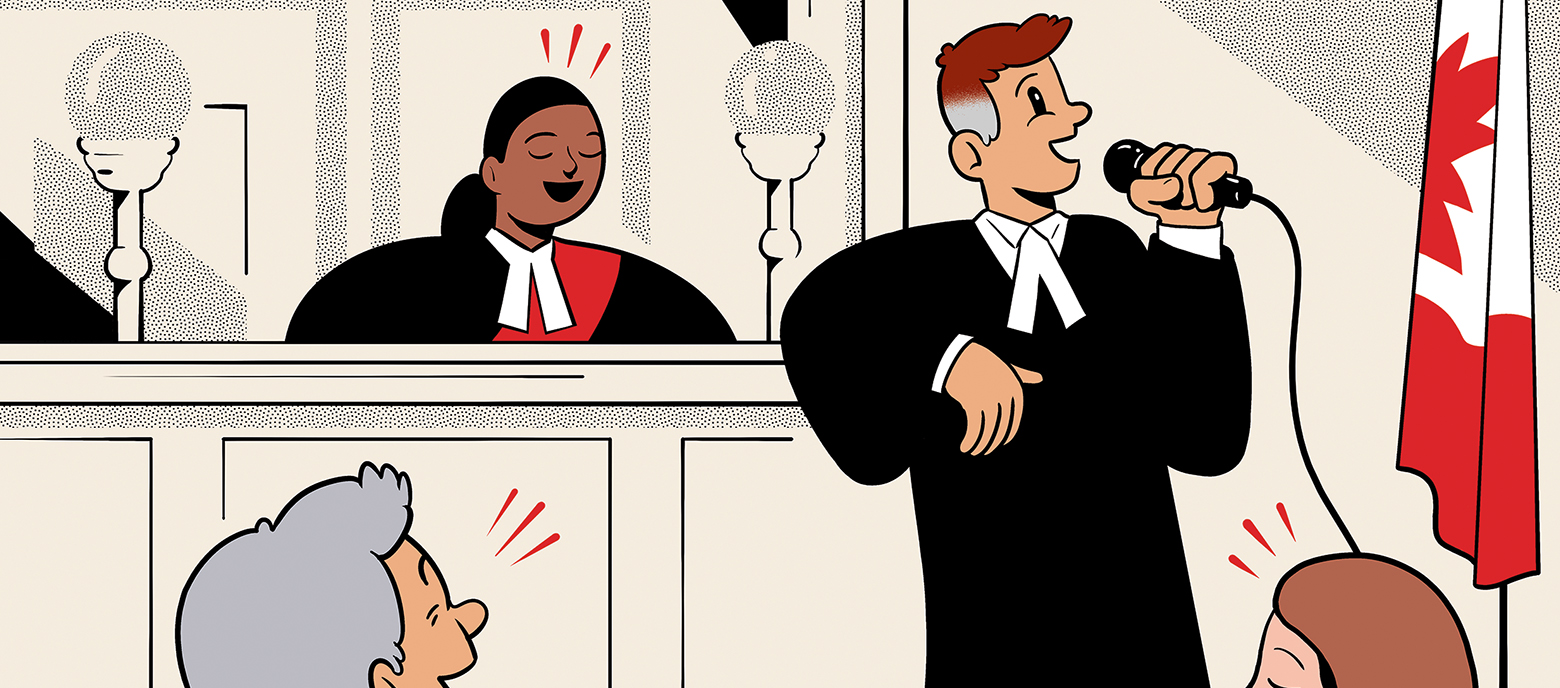 Illustration of a lawyer in a court room holding a microphone as if they were doing stand-up comedy with a judge and audience members laughing
