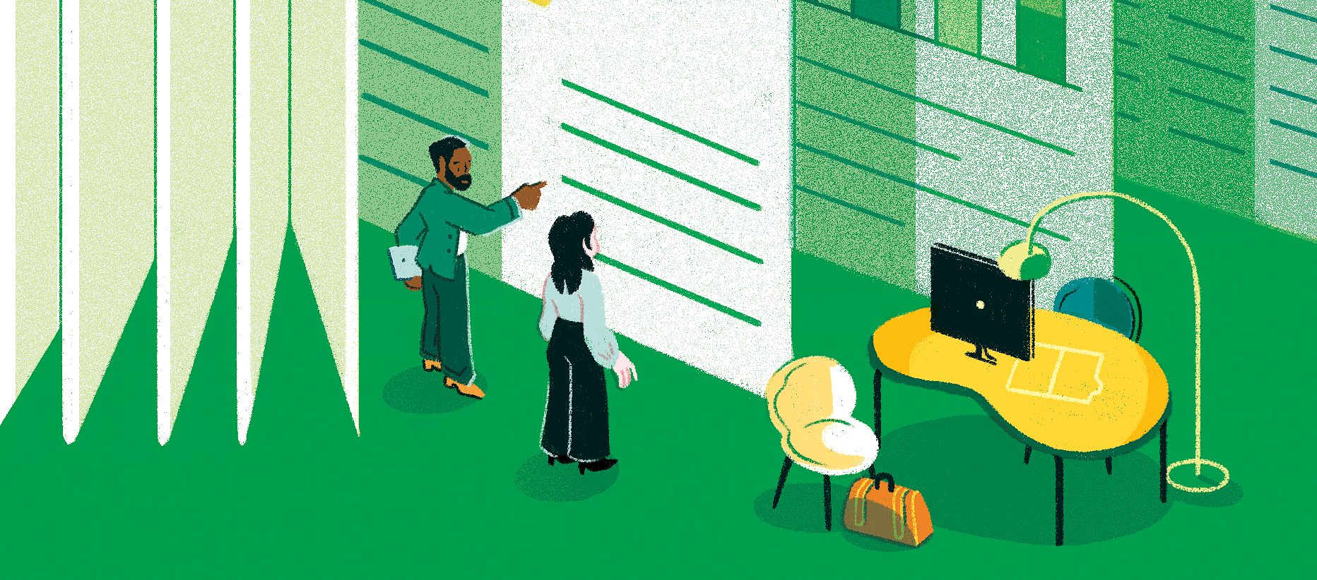Illustration of two people in an office looking at large financial statements on the wall