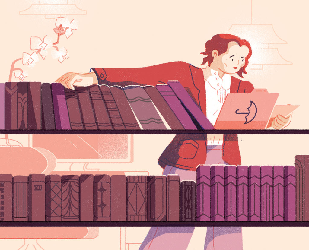 Illustration of person behind a horizontal bookshelf looking through a file