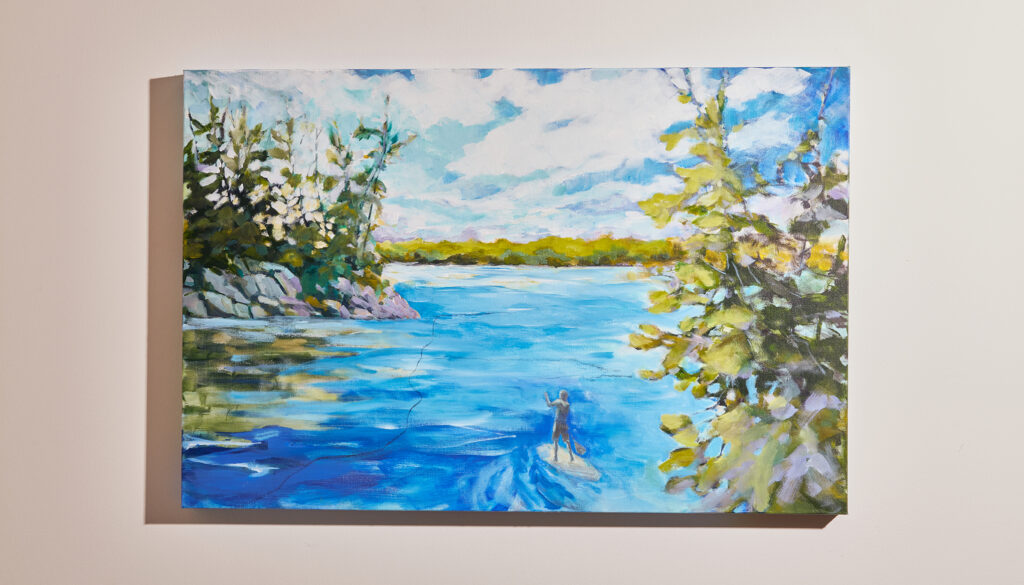 Painting of Paul Fruitman paddle boarding at the family cottage
