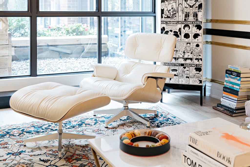 White Eames lounge chair in Leila Rafi's condo a mid-century design classic.