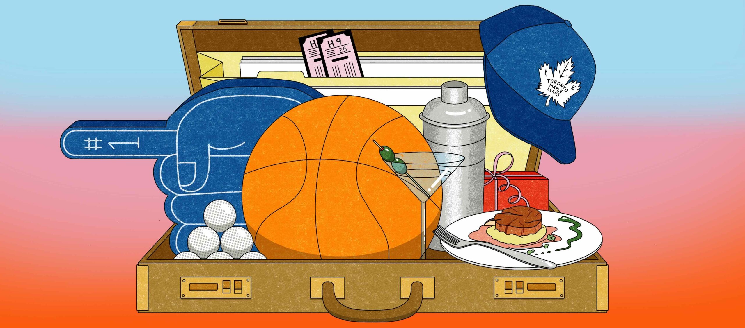 Briefcase containing items like sports tickets and a gourmet meal that symbolize common networking strategies
