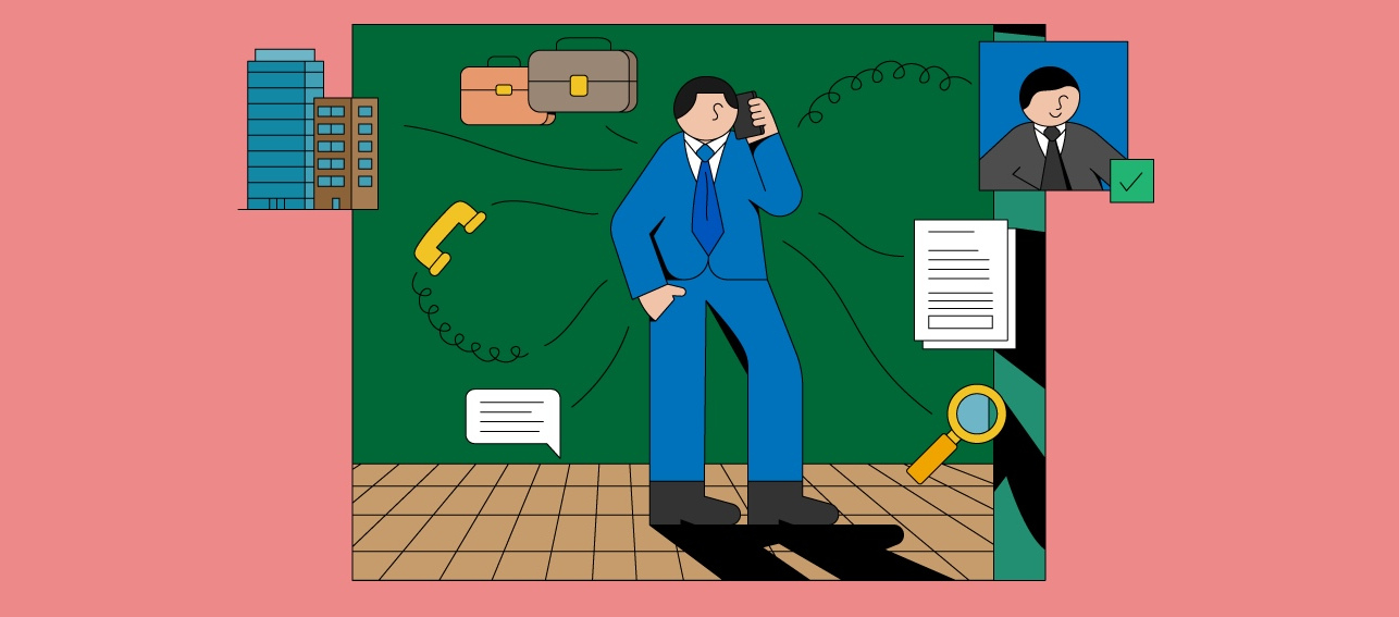 Illustration of a junior lawyer hustling to land a new job by making phone calls