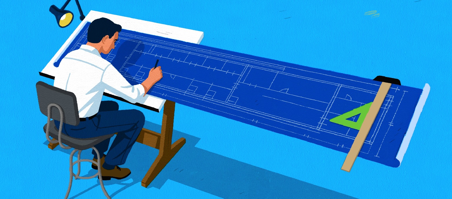Illustration of a drafting table with an oversized blueprint, representing the strategic growth at Loopstra Nixon