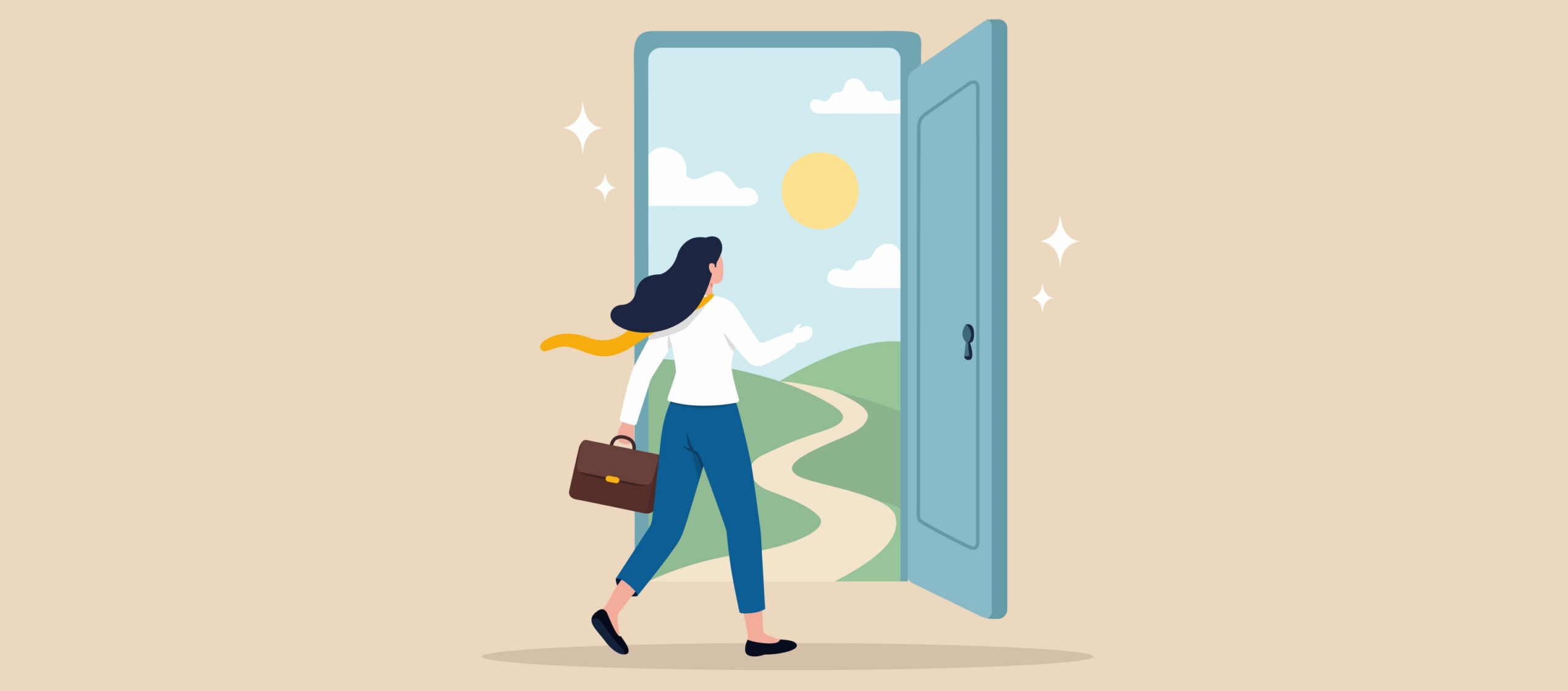 Illustration of a professional woman looking through a doorway onto a sunny landscape, suggesting the promise of an in-house legal career