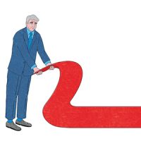 Illustration of an older lawyer rolling out a red carpet