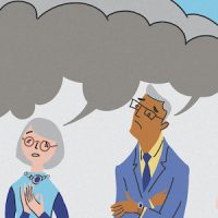 Illustration of a group of coworkers talking with dark cloud speech bubbles above them