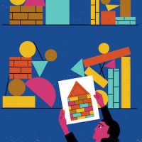 Illustration of a person holding up a blueprint or plan of a house structure built out of blocks in front of a wall of blocks that do not resemble the blueprint