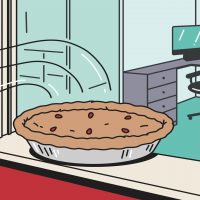 Illustration of a pie on an office windowsill, symbolizing a law firm attracting top junior talent
