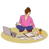 Illustration of a professional woman working at a laptop and reviewing documents