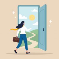 Illustration of a professional woman looking through a doorway onto a sunny landscape, suggesting the promise of an in-house legal career