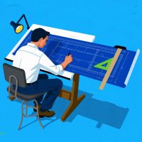 Illustration of a drafting table with an oversized blueprint, representing the strategic growth at Loopstra Nixon