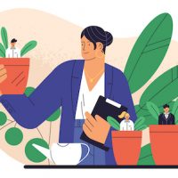 Illustration of a lawyer surrounded by plants and three pots each containing a small lawyer