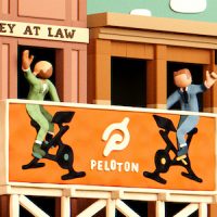 Illustration of two lawyers riding peloton bikes outside of their law office