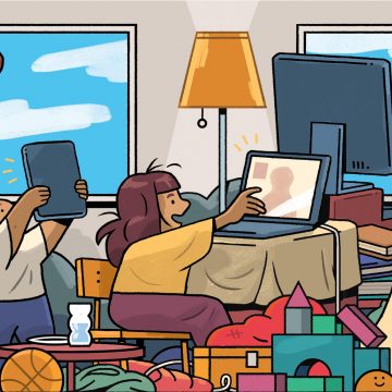 Illustration of parents and their children using computers and tablets