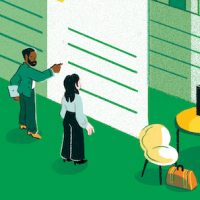 Illustration of two people in an office looking at large financial statements on the wall